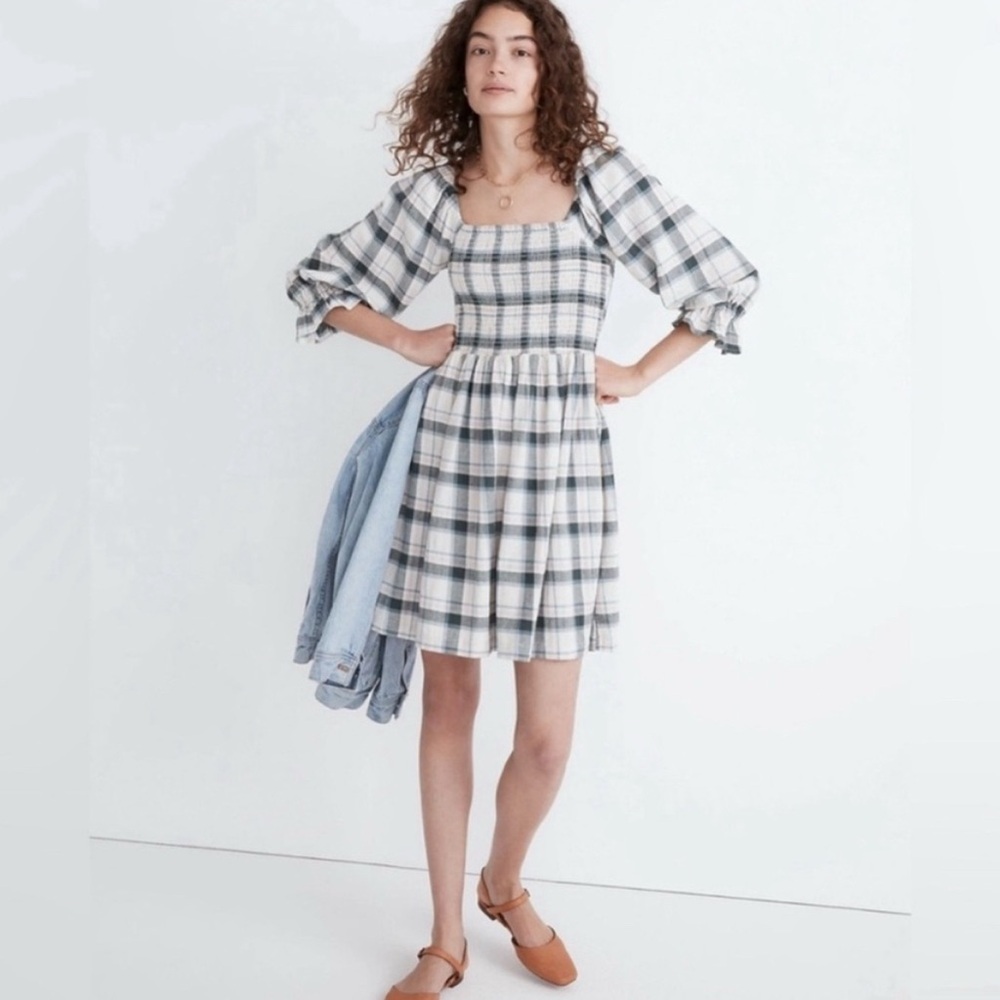 Madewell Lucie Elbow-Sleeve Smocked Plaid Mini Dress – Women’s Large NWT
